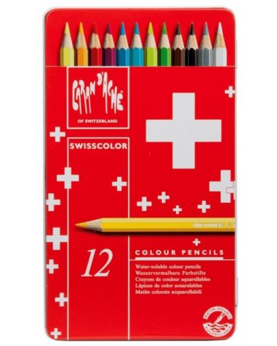 Цветни акварелни моливи Caran d'Ache Swisscolor - 12 цвята, метална кутия - 1