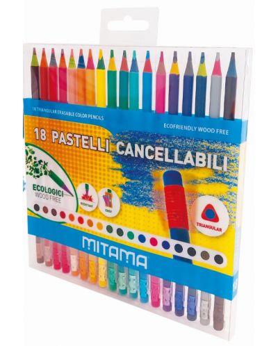 Цветни моливи Mitama - Erasable, 18 цвята, с гума - 1