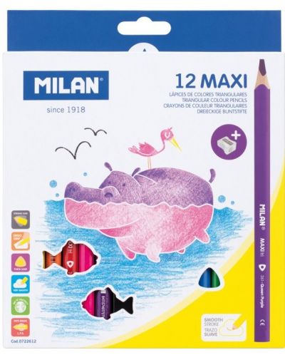 Цветни моливи Milan - Maxi, 12 молива и острилка - 1