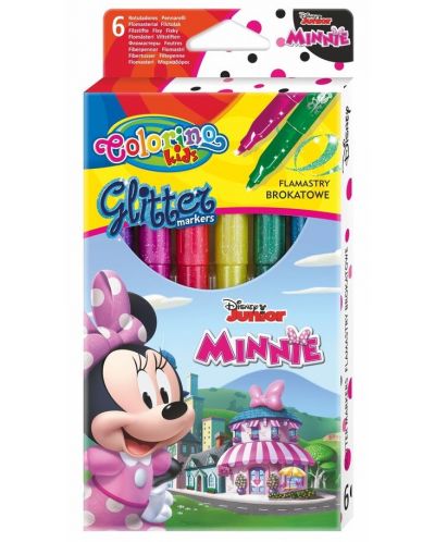Цветни маркери Colorino Disney - Junior Minnie Glitter, 6 цвята - 1