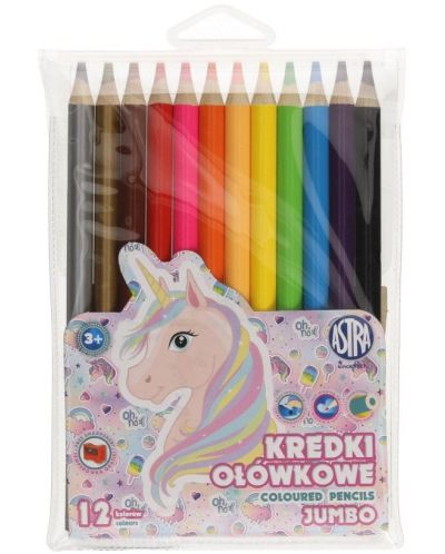 Цветни моливи Astra Jumbo - Unicorn, кръгли, 12 цвята + острилка - 1