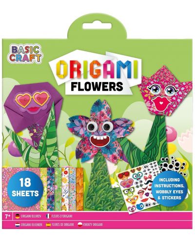 Творчески комплект за оригами Grafix - Цветя, със стикери, 18 листа - 1