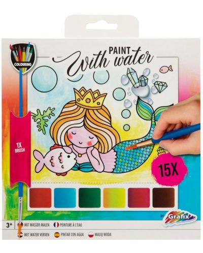 Творчески комплект за рисуване с вода Grafix Colouring - Русалка, с 15 листа и четка - 1