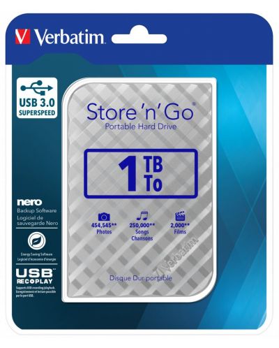 Твърд диск Verbatim - Store 'n' Go, 1TB, 5400 rpm, 2.5'', сребрист - 3
