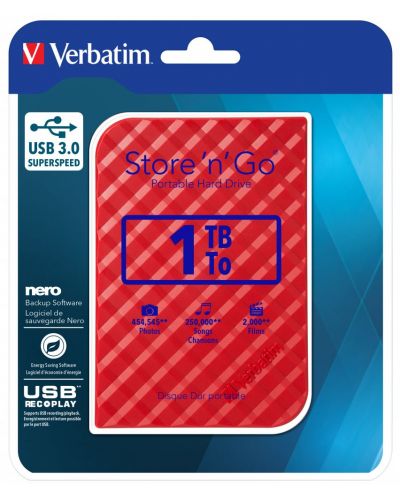 Твърд диск Verbatim - Store 'n' Go, 1TB, 5400 rpm, 2.5'', червен - 3