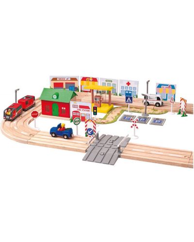 Дървен комплект Woody – Влак с релси и аксесоари, Град, 80 части - 2