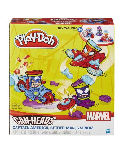 Hasbro Play-Doh - Фигурки на Капитан Америка, Спайдърмен и Веном, с глави-кенчета с моделин - 2