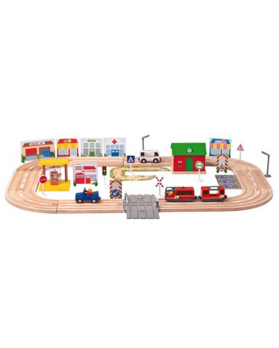 Дървен комплект Woody – Влак с релси и аксесоари, Град, 80 части - 3