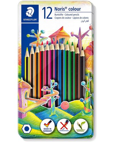 Цветни моливи Staedtler Noris Colour 185 - 12 цвята, в метална кутия - 1
