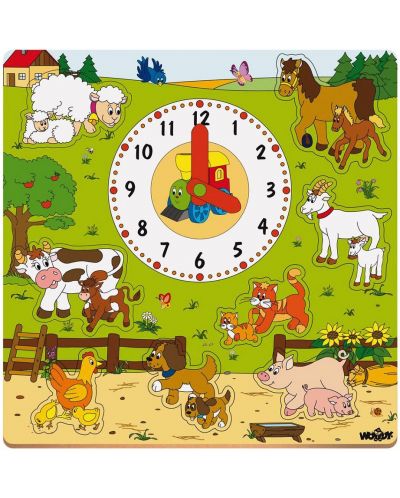 Дървен пъзел с часовник Woody - Домашните животни