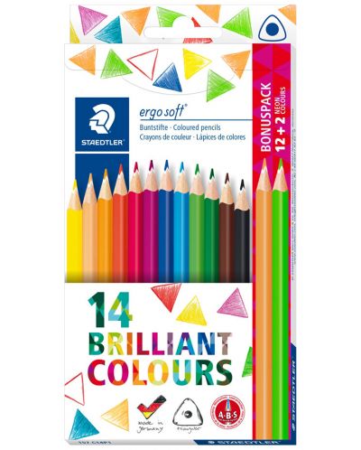 Цветни триъгълни моливи Staedtler Ergosoft 157 - 12 цвята + 2 неонови - 1