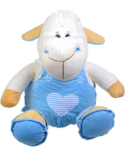 Плюшена играчка Morgenroth Plusch - Овчица с блестящи очи и син гащеризон, 90 cm