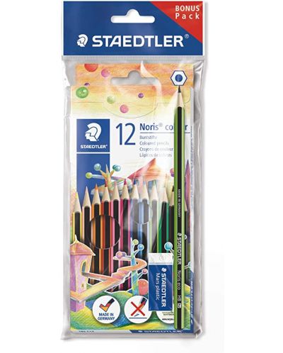 Цветни моливи Staedtler Noris Colour 185 - 12 цвята, с графитен молив и гума - 1