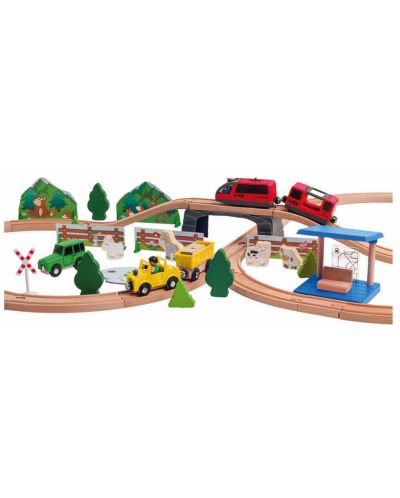 Дървен комплект Woody – Влак с релси и аксесоари, Експрес, 80 части - 6