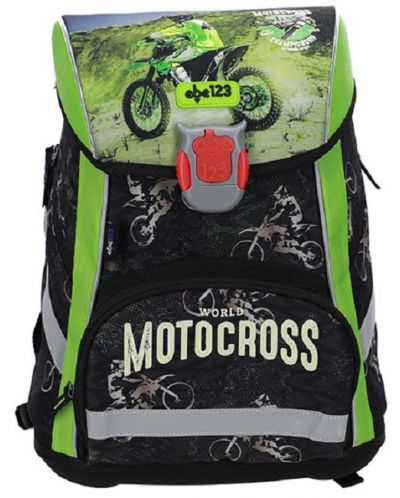Ученически комплект ABC 123 Motocross - 2023, раница, спортна торба, два несесера и портмоне - 2