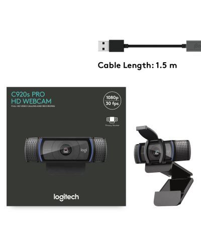 Уеб камера Logitech - C920S Pro, Full HD, черна - 11
