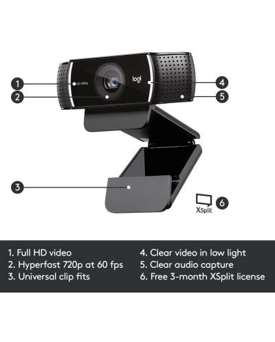 Уеб камера Logitech - C922 Pro Stream, черна - 7