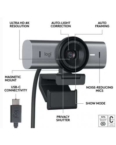 Уеб камера Logitech - MX Brio, 4K Ultra HD, Graphite - 7