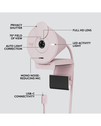 Уеб камера Logitech - Brio 300 Full HD, 1080p, USB, Rose - 5