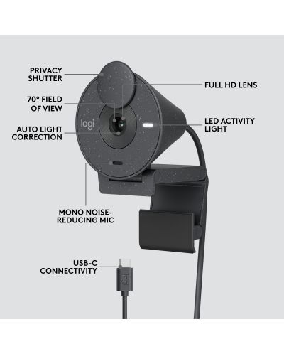 Уеб камера Logitech - Brio 300 Full HD, 1080p, USB, Graphite - 5