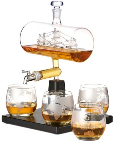 Уиски сет Oak & Steel - Кораб, декантер с 4 чаши - 1