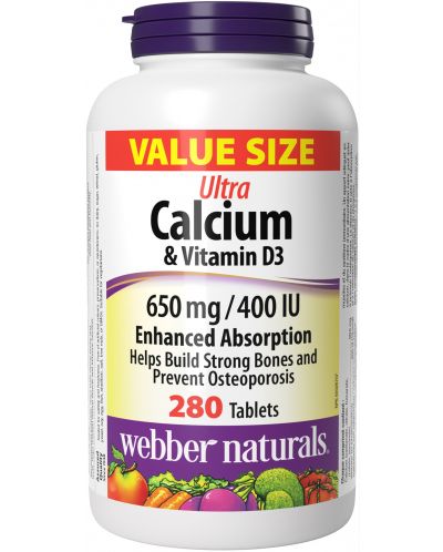 Ultra Calcium, 650 mg + Vitamin D3, 400 IU, 280 таблетки, Webber Naturals - 1