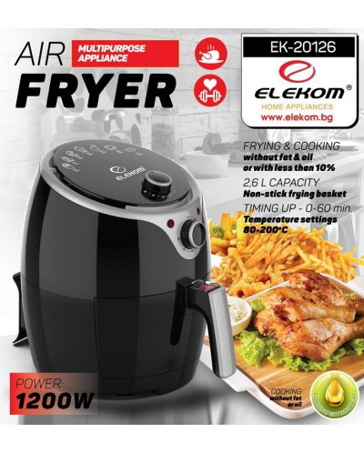 Уред за здравословно готвене Elekom - 20126, Air Fryer, 1200W, 2.6 l, черен - 7