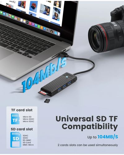 USB хъб Orico - PAPW3AT-U3-015-WH, 3 порта/SD/TF, USB-A, бял - 8