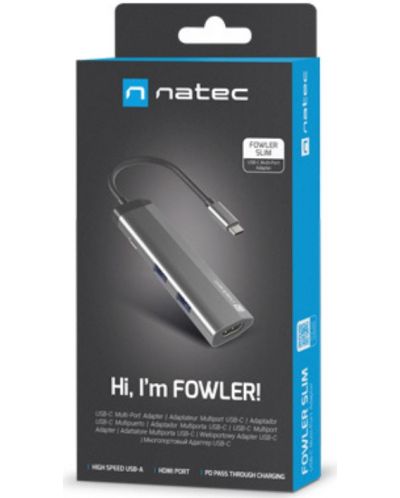 USB хъб Natec - Fowler Slim, 4 порта, USB-C, сив - 6