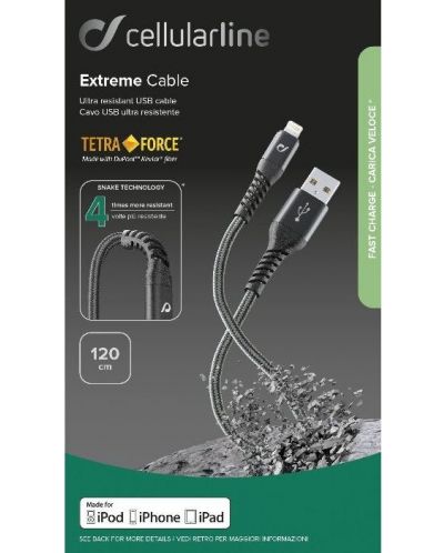Кабел Cellularline - Tetra Force, USB-C/Lightning, 1.2 m, сив - 3