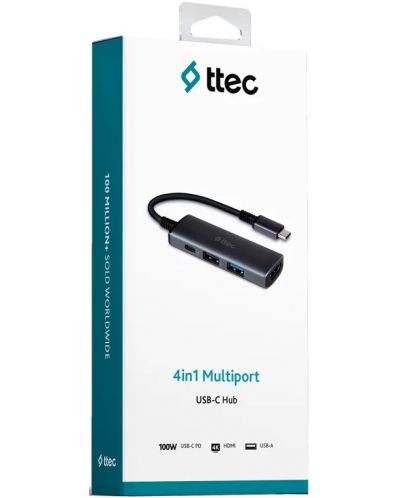 USB хъб ttec  - 4 в 1 Multiport, 4 порта, USB-C, черен - 3