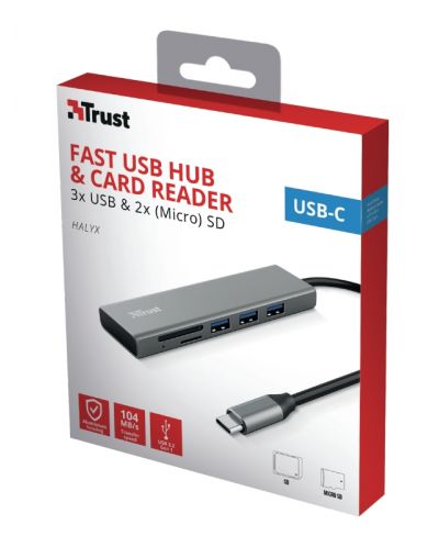 USB хъб Trust - Halyx, 3 порта/Micro SD/SD, USB-C, сив - 6