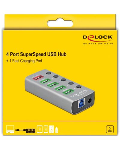 USB хъб Delock - 63262, 4 порта, USB3.2, сив - 5
