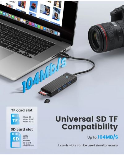 USB хъб Orico - PAPW3AT-C3-015-BK, 3 порта/SD/TF, USB-C, черен - 8