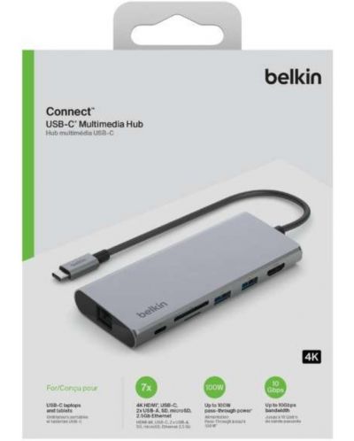 USB хъб Belkin - Connect-INC009btSGY, 7 порта, USB-C, сив - 4