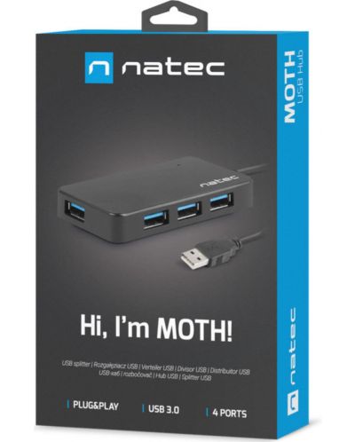 USB хъб Natec - MOTH, 4 порта, USB-A, черен - 2