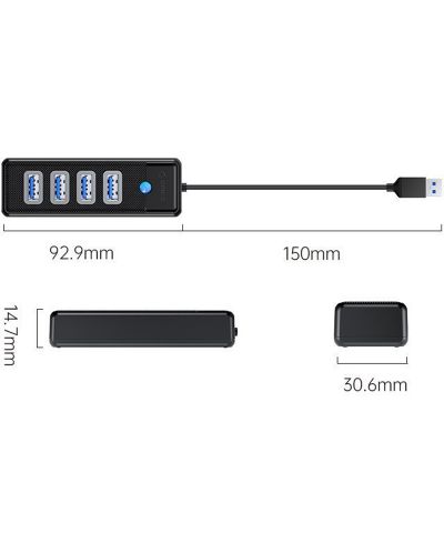 USB хъб Orico - PW4U-U3-015-BK, 4 порта, USB-A, черен - 3