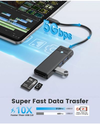 USB хъб Orico - PAPW3AT-C3-015-BK, 3 порта/SD/TF, USB-C, черен - 3