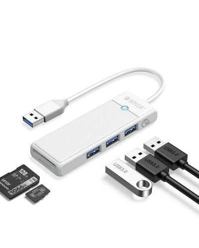 USB хъб Orico - PAPW3AT-U3-015-WH, 3 порта/SD/TF, USB-A, бял - 1