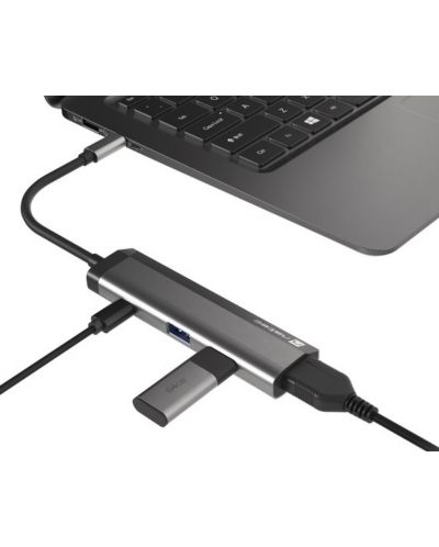 USB хъб Natec - Fowler Slim, 4 порта, USB-C, сив - 5