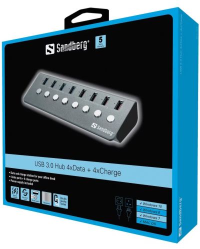USB хъб Sandberg - USB 3.0 Hub 4xData + 4xCharge, 8 порта, сив - 2