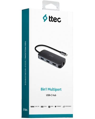 USB хъб ttec - 8 в 1 Multiport, 8 порта, USB-C, черен - 5