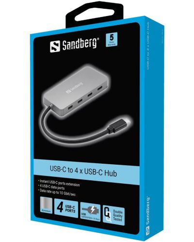 USB хъб Sandberg - 4 порта, USB-C, сив - 2
