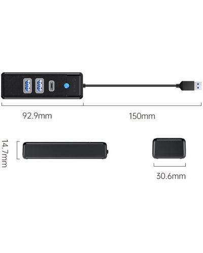 USB хъб Orico - PWC2U-U3-015-BK, 3 порта, USB3.0/C, черен - 2
