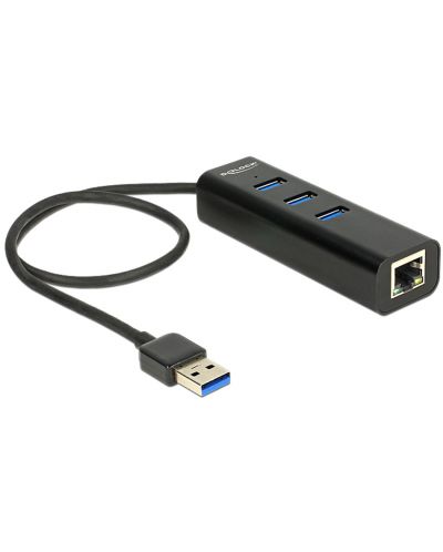 USB хъб Delock - 62653, 3 порта, USB3.0, RJ45, черен - 1