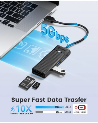USB хъб Orico - PAPW3AT-U3-015-BK, 3 порта/SD/TF, USB-A, черен - 3