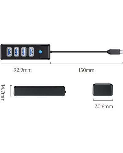 USB хъб Orico - PW4U-C3-015-BK, 4 порта, USB-C, черен - 2