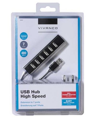 USB хъб Vivanco - 36661, 7 порта, захр.адаптер, черен - 2