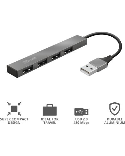 USB хъб Trust - Halyx Mini, 4-порта, USB-A, сив - 6