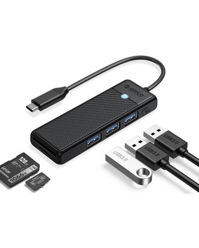 USB хъб Orico - PAPW3AT-C3-015-BK, 3 порта/SD/TF, USB-C, черен - 1